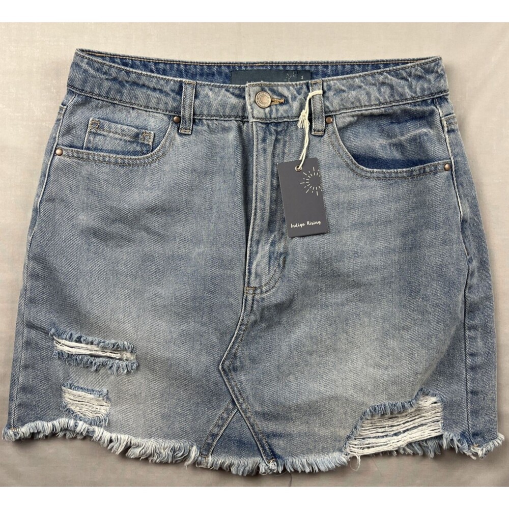 Indigo Rising Denim Skirt Raw Hems Rips Small NWT